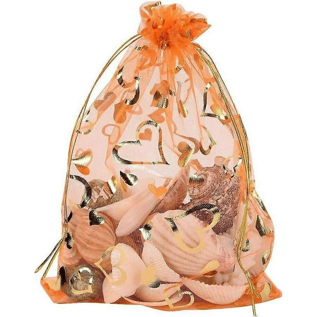 100 PCS 5x7 Inches Heart Printed DarkOrange Organza Bags Jewelry Pouch Bags Organza Drawstring Pouches Wedding Favors Bag Candy Gift Bags