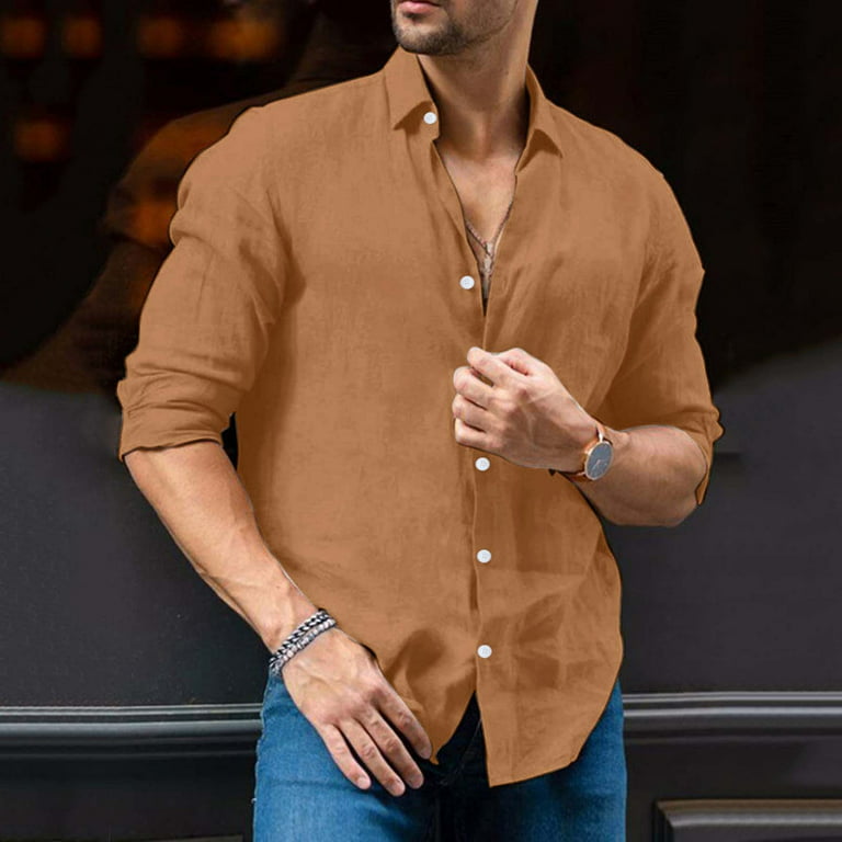 Hemlock Brown T Shirts male Cotton Linen Solid Casual Plus Size Loose Shirt Mens Turndown Collar Long Sleeve Shirt, Men's, Size: 3XL
