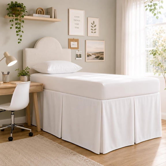 Box Pleated Dorm Room Bed Skirt with Split Corners, 100% Microfiber Soft, Sheen & Luxurious Look, Tailored Drop Easy Fit, Twin XL 36", White