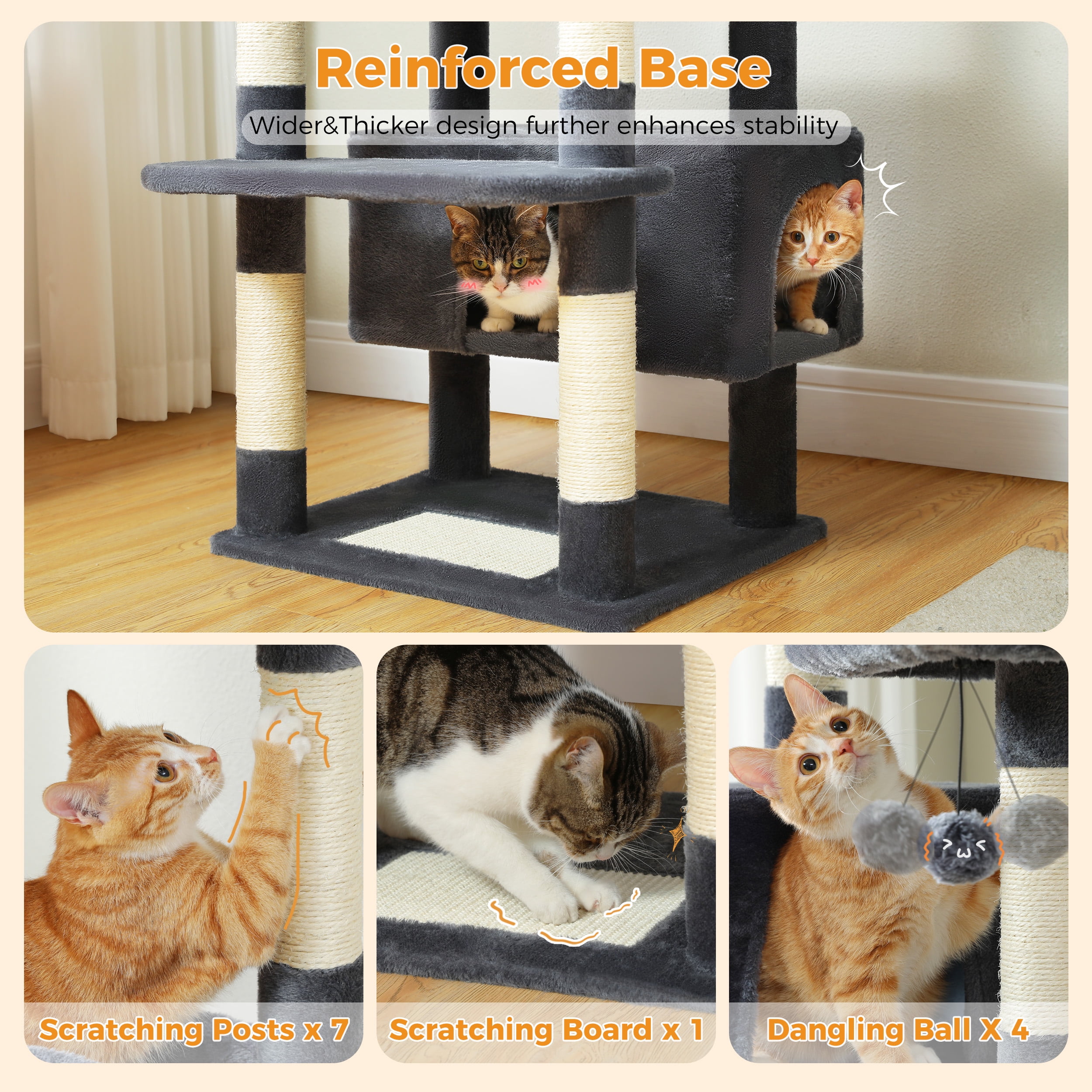 Kadyn 72" Cat Tree Tower for Large Cats, Indoor Cat Condo with Sisal-Covered Scratching Posts and Pads, 2 Padded Perch, Gray