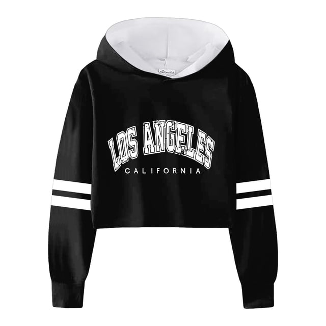 MIASHUI Crop Tops pour Filles à Rayures Imprimé Lettres Manches Longues Sweat à Capuche, Noir, 4-5 Ans