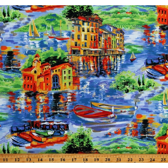 Cotton Portofino Large Scenic Painted-Look Italy Multicolor Cotton Fabric Print by the Yard (120-99001)