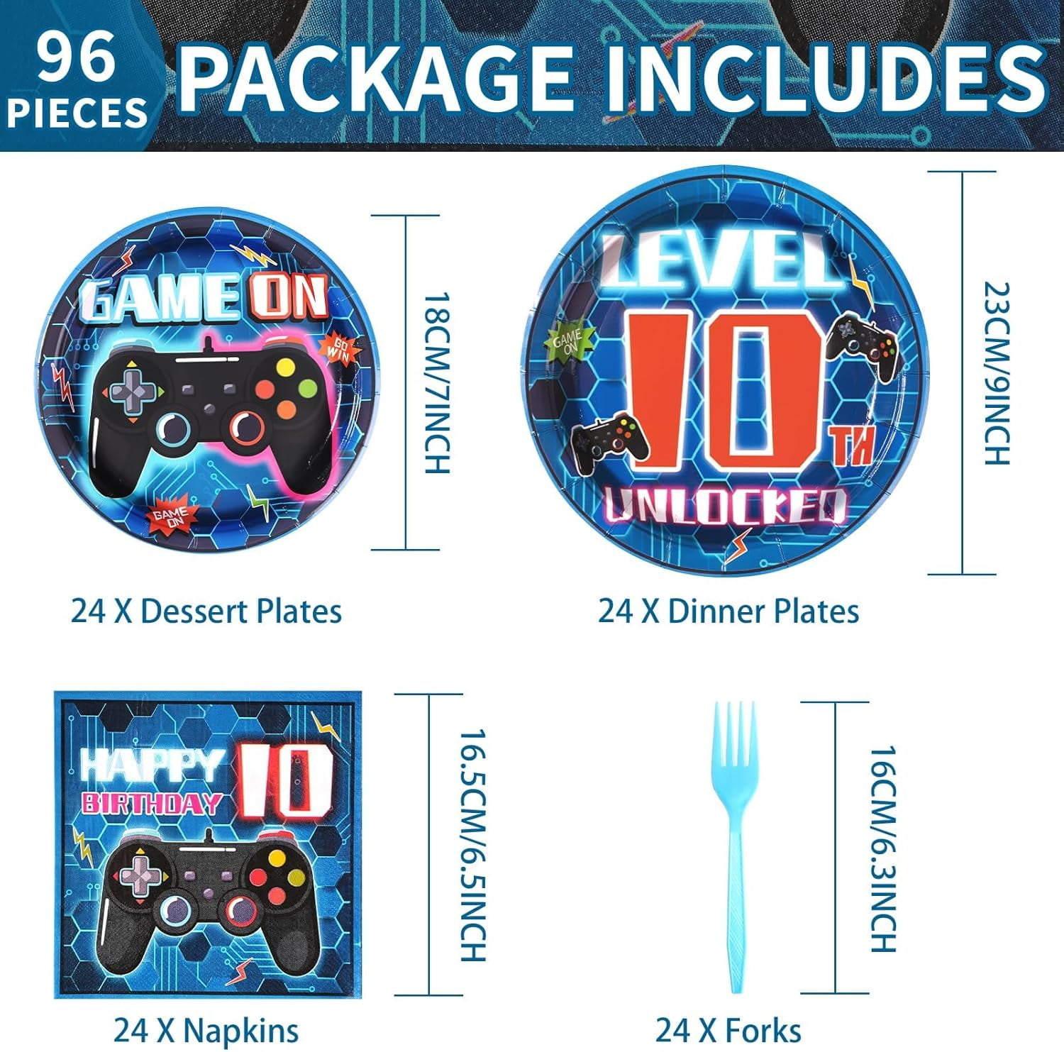 96 Pcs 10th Video Game Birthday Party Decorations Blue Video Game Level 10 Birthday Plates and Napkins Tableware Sets for Kids Boys 10 Years Old Gamer Gaming Party Supplies Favors Serves 24