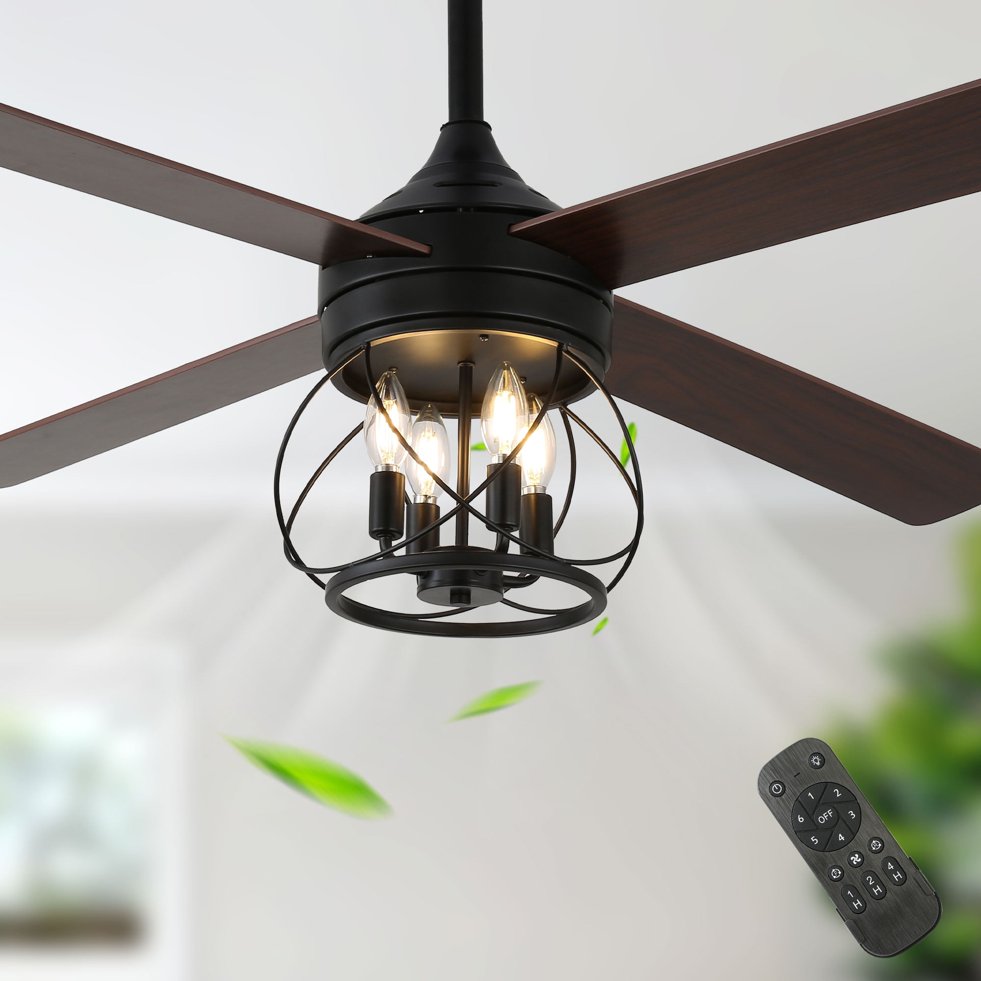 52" Farmhouse Ceiling Fan 4-Light Wood Lighting Reversible Blades with Light and Remote Control 6 Speed