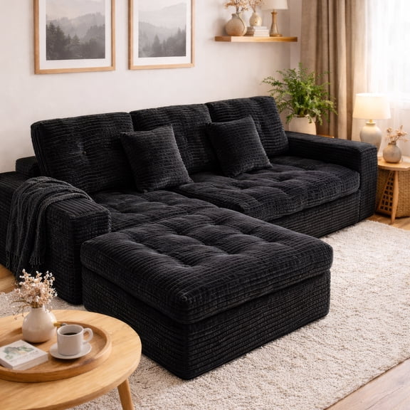 Muumblus 105" Oversized Modular Sectional Sofa with Movable Ottoman, L-Shaped Boneless Cloud Couch, Modern Sleeper Sofa for Living Room, Black Corduroy