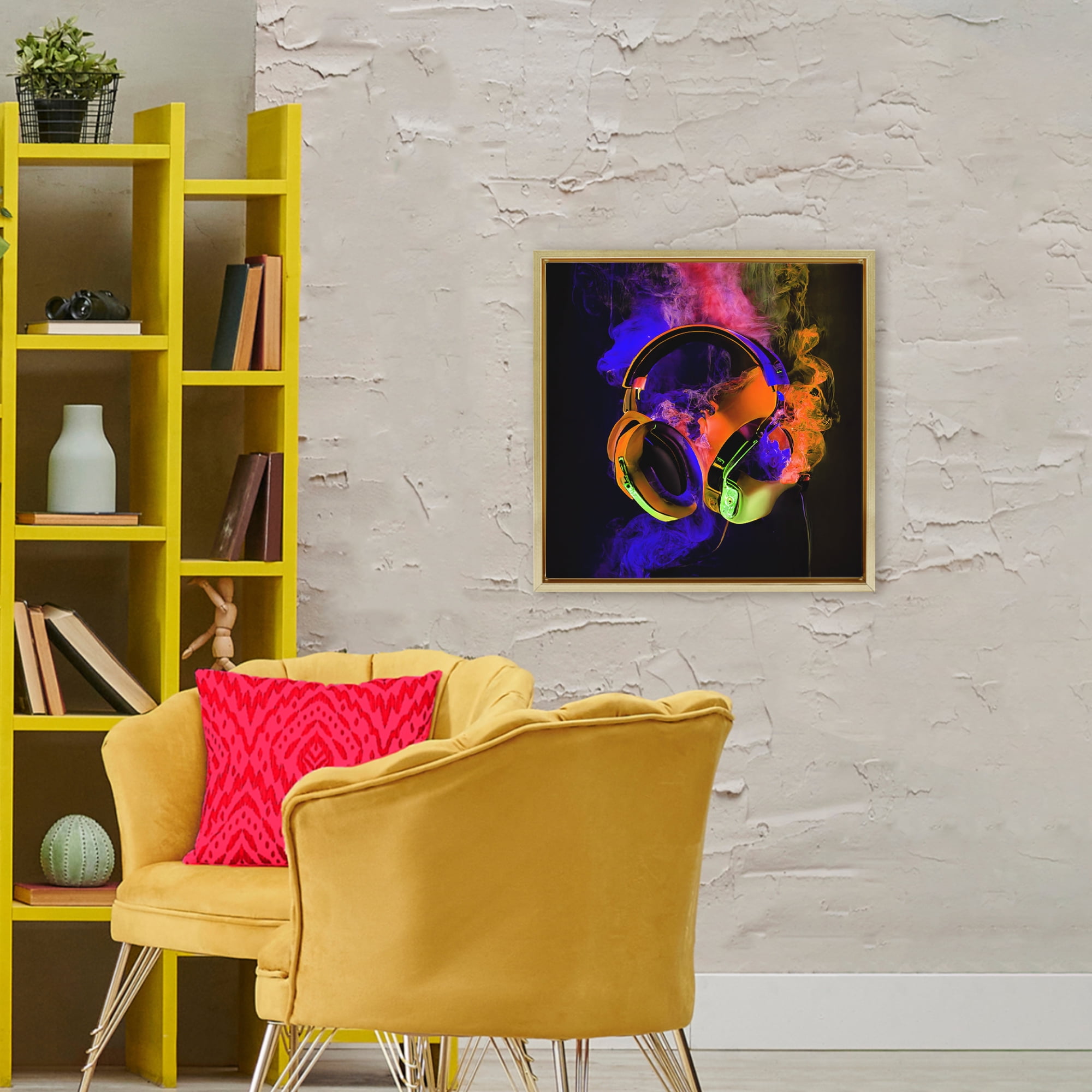 Power Play Headphones Gold Framed Floater Canvas Wall Art, design by Sasha