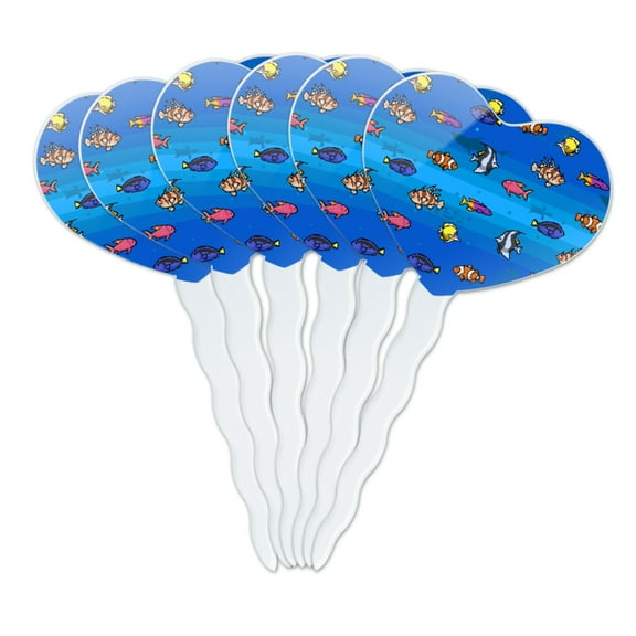 Pixel Tropical Ocean Fish Pattern Heart Love Cupcake Picks Toppers Decoration Set of 6