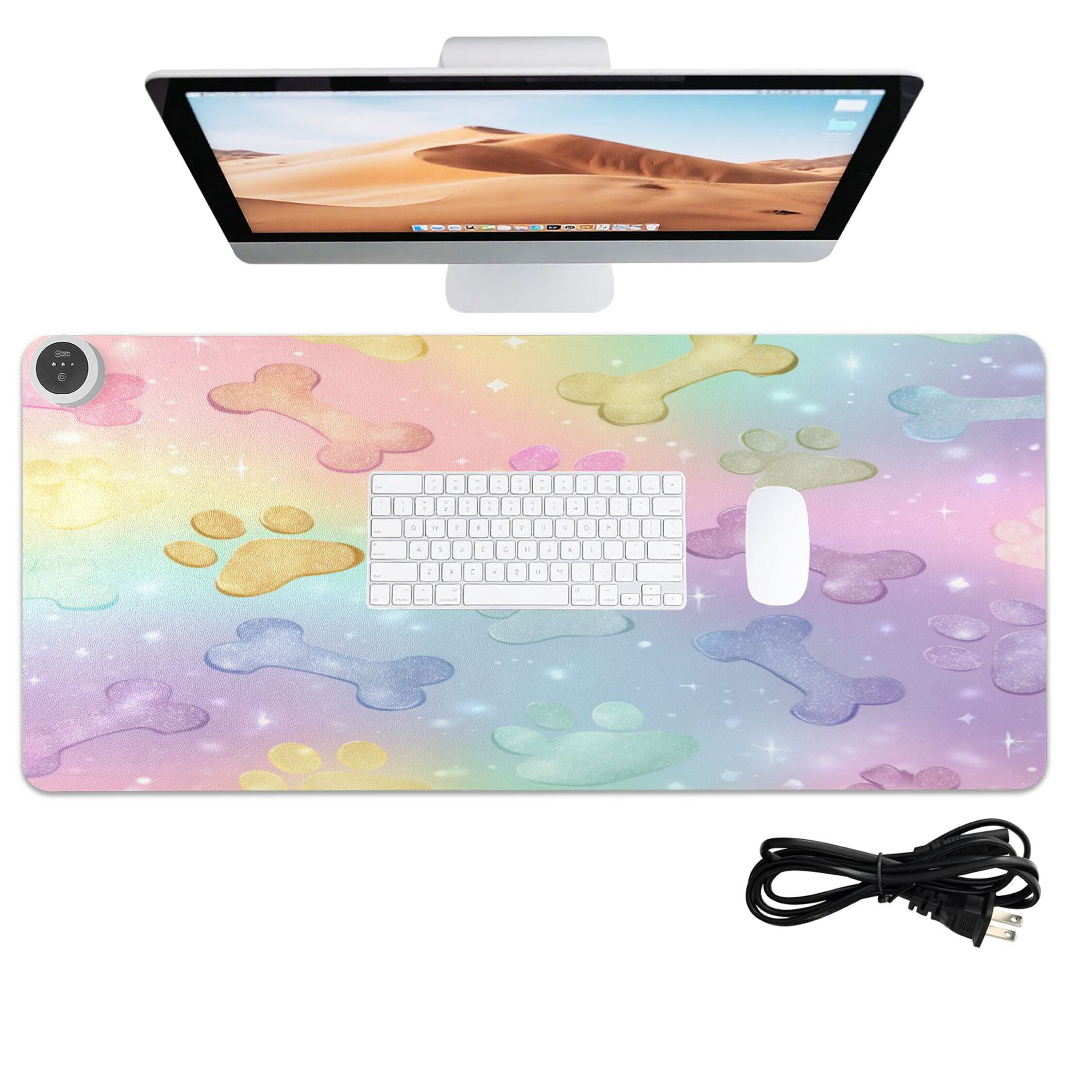 Large Heated Desk Mat Mouse Pad 31.5"x13"PU Leather Graphene Heating Desk Warmer with 3 Temperature Settings 110V US Plug Non-Slip Warm Pad for Home, Office, and Gaming Candy Glitter Puppy Party