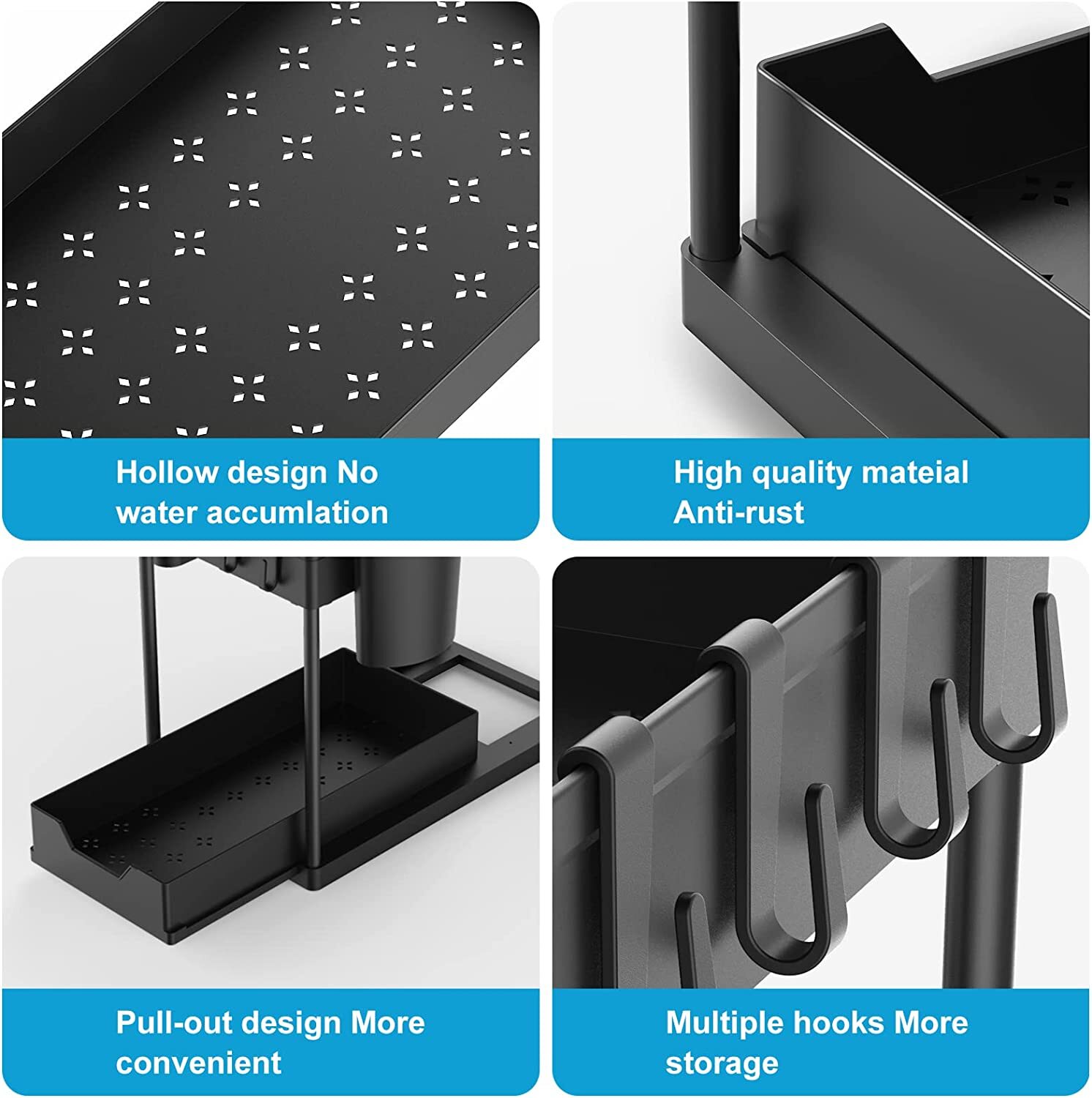 Under Sink Organizers and Storage, 1 Pack Large Capacity Heavy Load Pull-out Under Sink Shelves with Sliding Drawer for Kitchen and Bathroom, Black, 15.74 x 8.66 x 12.99 inch