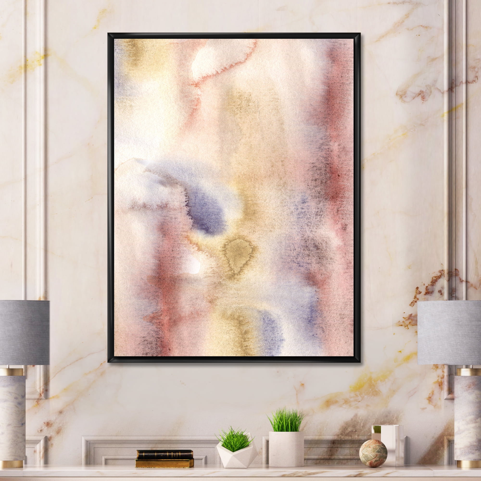 Designart 'Pastel Abstract With Pink Dark Blue and Yellow Spots' Modern Framed Canvas Wall Art Print