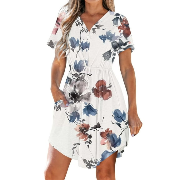 Oplxuo Women Summer Dress Casual V Neck Short Sleeve Drawstring 2025 Mini Dresses with Pocket