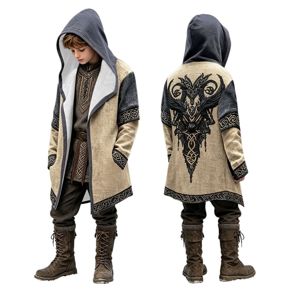 Lullu Boys Norse Long Cape Coat Kids Outerwear Hooded Cloak, Khaki, Sizes 2-15