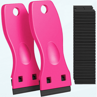Plastic Razor Blade Scraper, 2 Pack Razor Scraper with 100 Pcs Razor Blades for Removing Glue, Sticker, Decals, Tint from Car Window and Glass(Pink)
