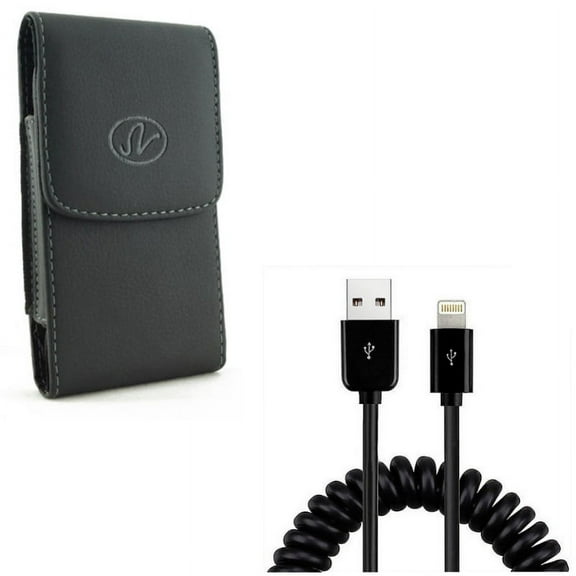 Case Belt Clip w USB Cable for iPhone 8/7/6S/6/11 Pro - Leather Holster Cover Pouch Vertical, Coiled Charger Cord Power Sync for iPhone 8/7/6S/6/11 Pro Models