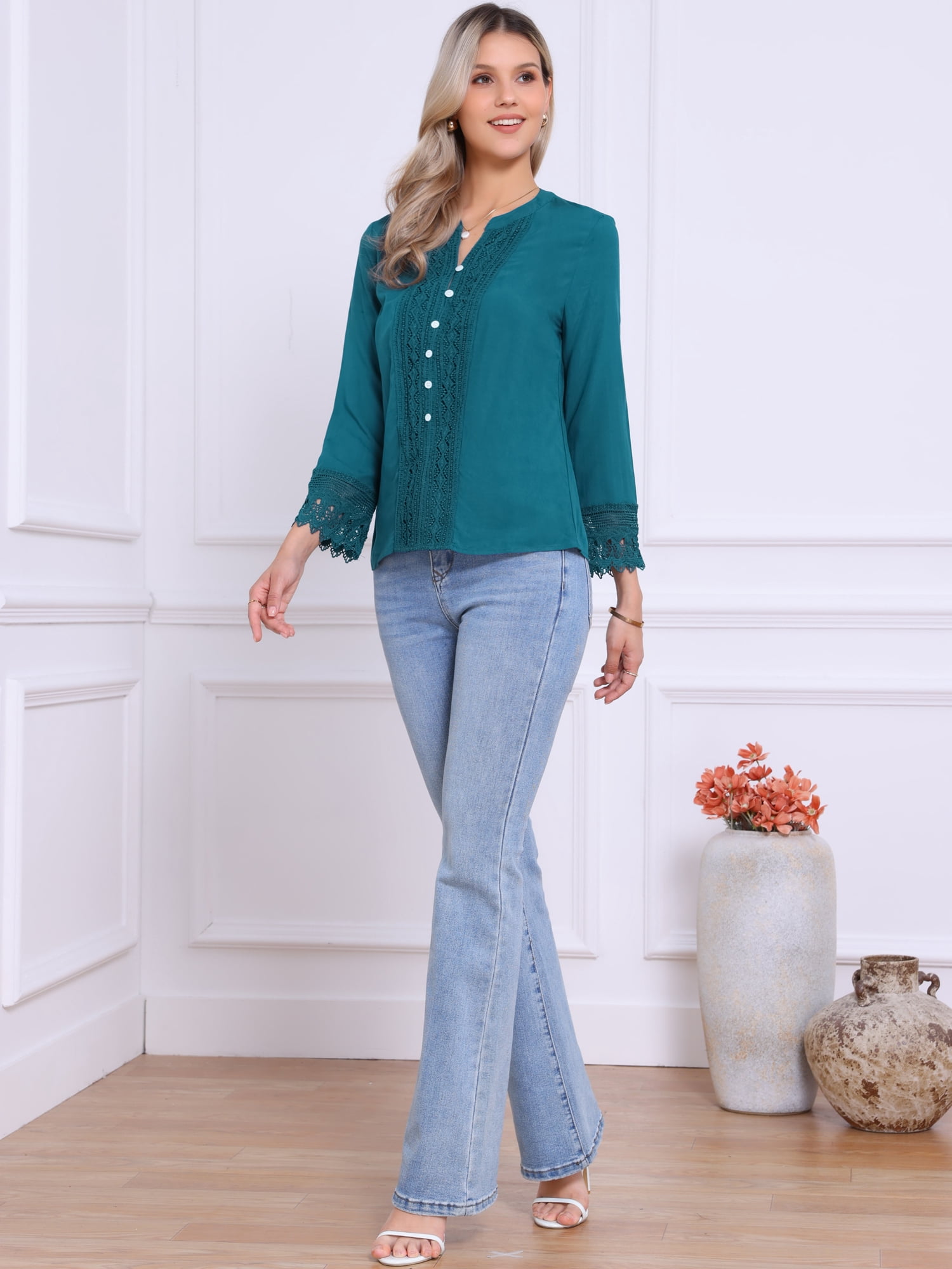 DARING DIVA Women's Half Button Placket Long Sleeve Lace Crochet Blouses L Peacock Blue