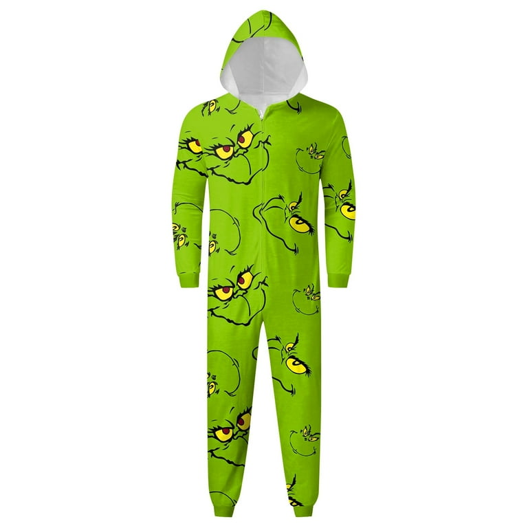 2024 Christmas Grinch Family Matching Loungewear Grinch Fashion Print Fancy Dress Hooded Jumpsuit Family Long Sleeved Matching Pajamas for Baby Kid Men Women Couples Walmart