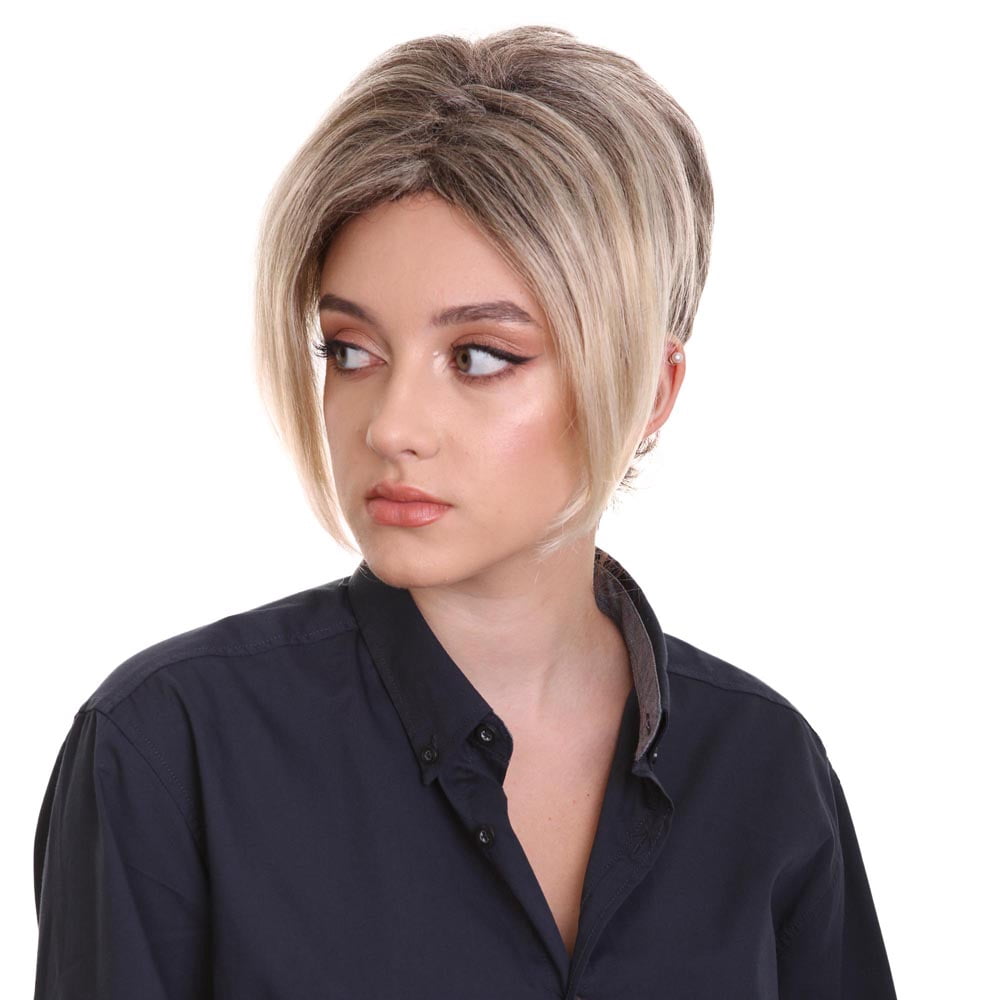 HPO Adult Women's Short Pixie Wig with Blonde Highlights | Light Brown Capless Costume Hair Wig