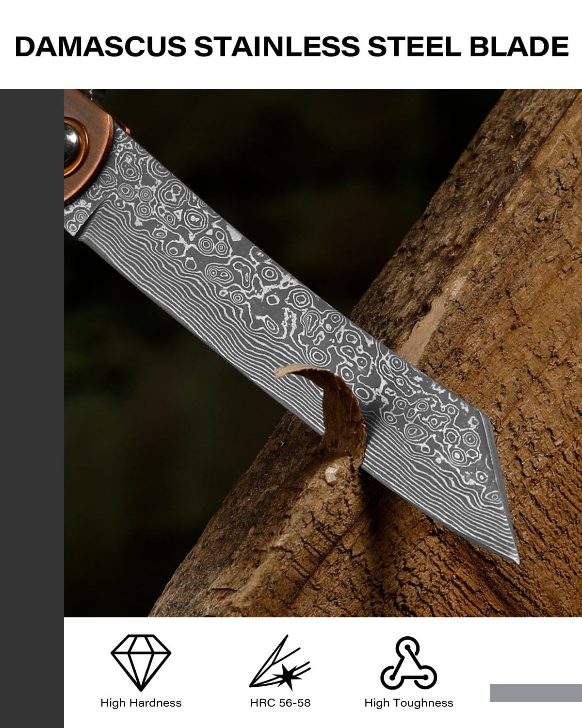 Dispatch 3.6" Damascus Folding Pocket Knife, Cloud Pattern Damascus Blade, Electroplated Red Antique Bronze Handle with Black PU Sheath