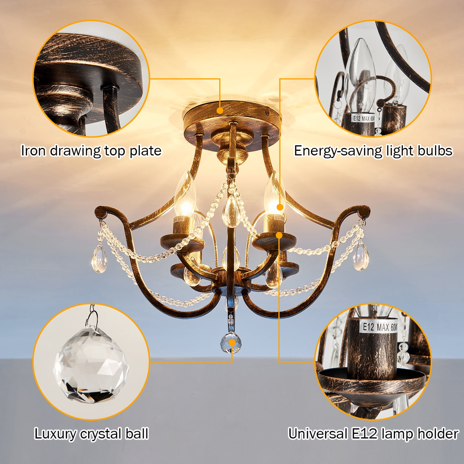 YYJLX Modern Semi Flush Mount Chandelier 4-Light Small YYJLX Modern Semi Flush Mount Chandelier 4-Light Small