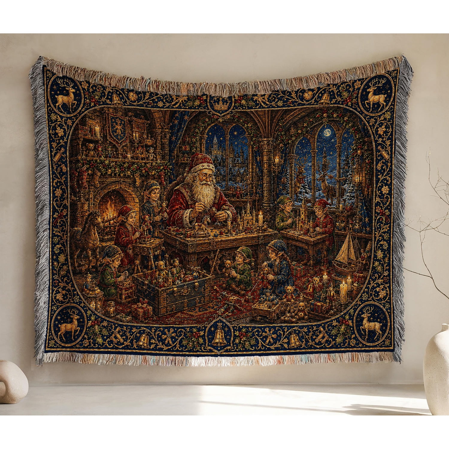 Santa Workshop Woven Throw Blanket Cotton with Fringed Edges for Cozy Home Decor