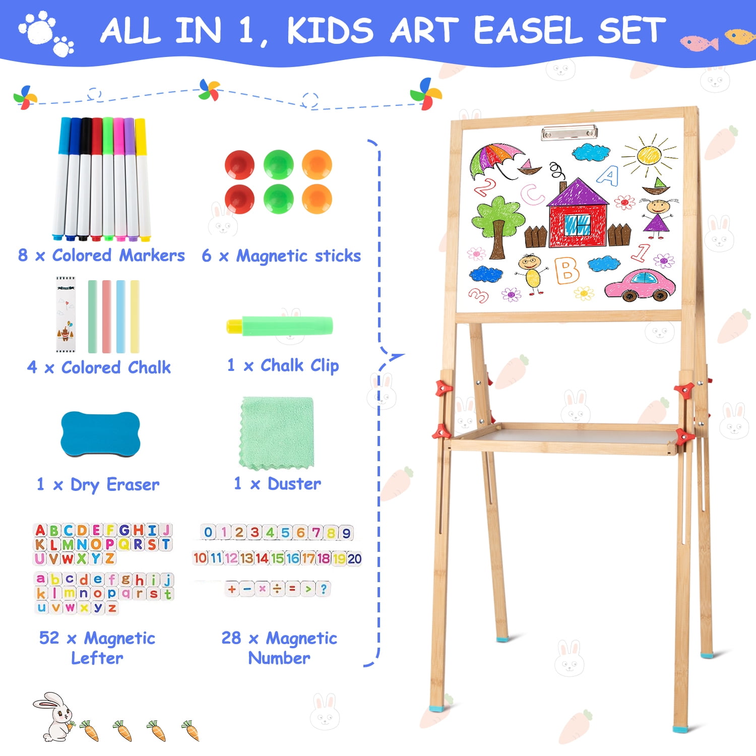 Xueyu 39" - 47.43" Adjustable Bamboo Children's Art Easel with Whiteboard, Chalkboard, Accessories and Tray