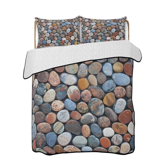Quilt King Size Bedding Set, Farmhouse Stone Reversible Summer Quilt 3 Pieces, Vintage Rustic Nature Geometric Wall Lightweight Bedspreads Coverlets with 2 Pillow Shams for All Seasons