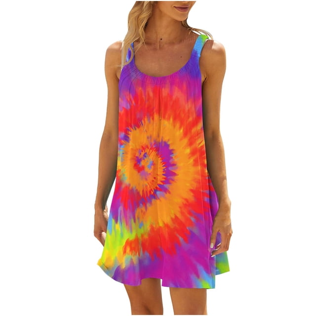 Bowake Robe Décontractée d'Été Boho Mini Robe de Plage Sans Manches Col Rond Ample Robes Débardeurs Tendance 2024