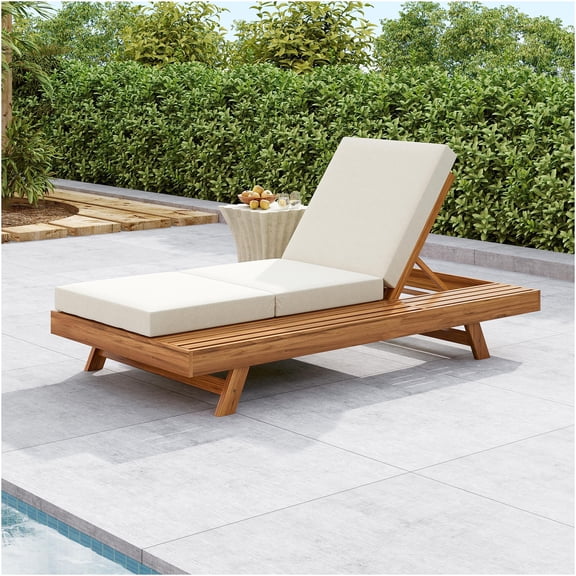 JERFIT 2-Piece Acacia Wood Outdoor Chaise Lounge Set with Adjustable Backrest and Water-Resistant Cushions (Cream)