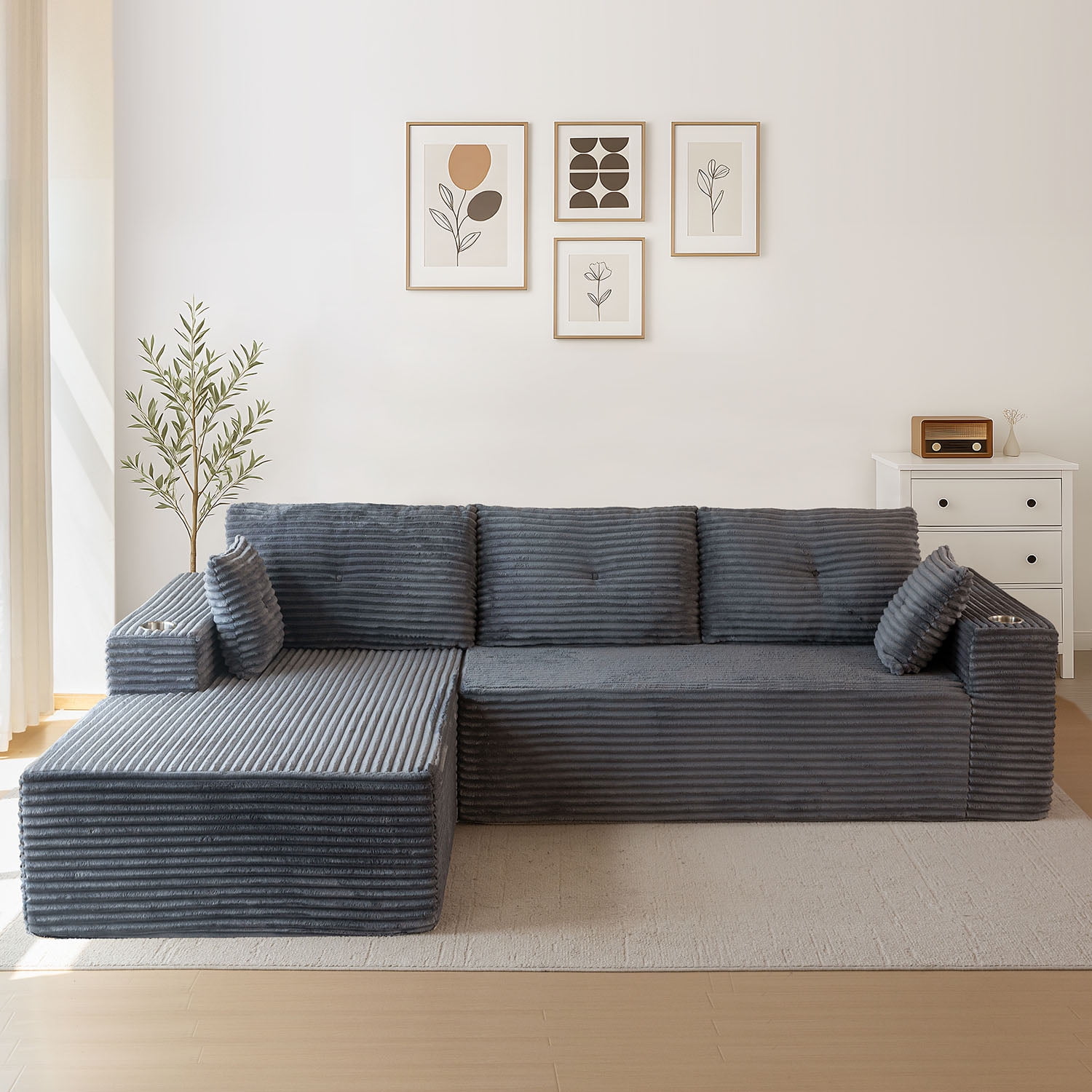 BYBYME 104" Cloud Sectional Couch with L-Shape Chaise Modern Comfy Modular Plush Corduroy Sofa for Living Room, No Assembly Required, Left Facing Chaise,Dark Grey