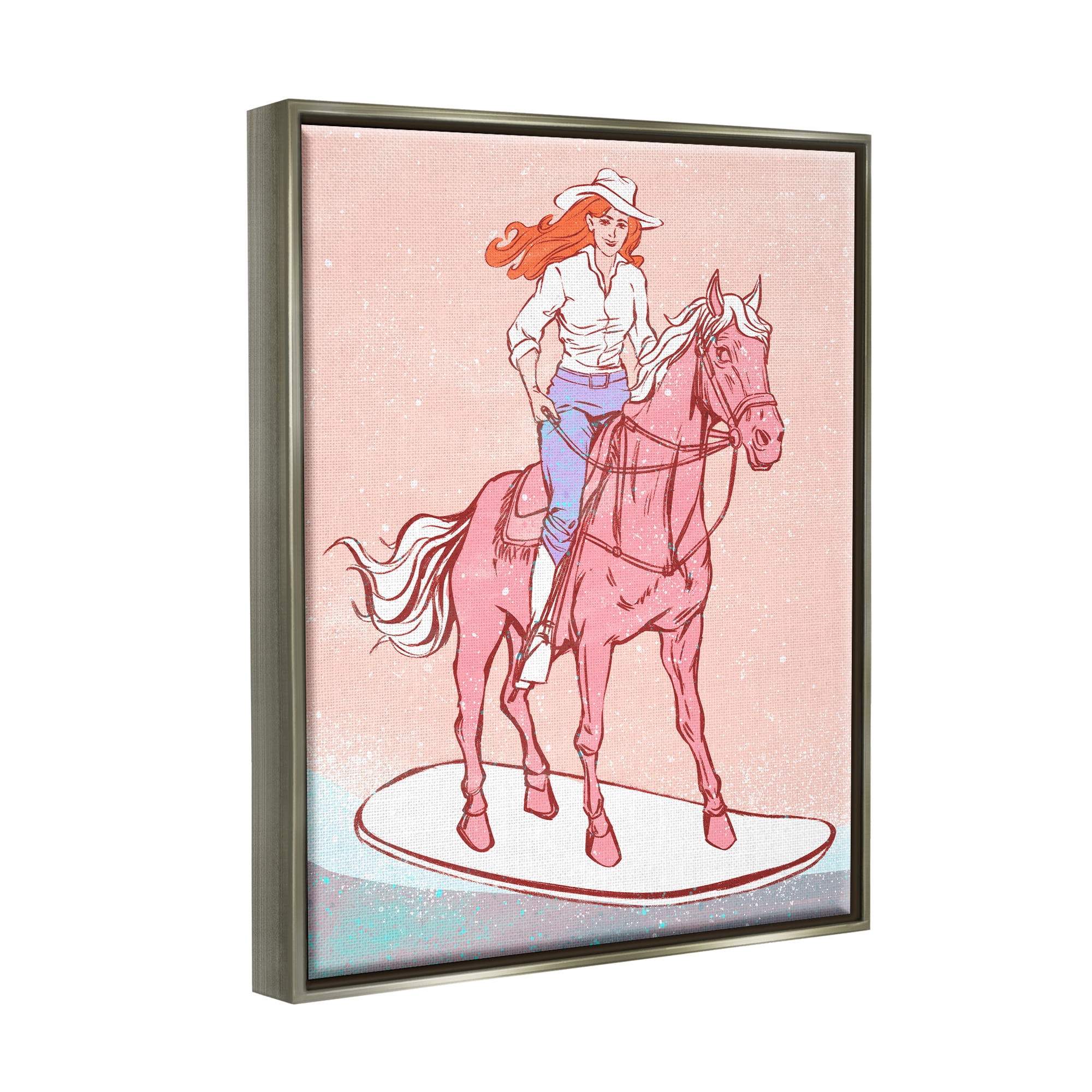 Stupell Industries Vintage Cowgirl on Board Animals & Insects Painting Gray Floater Framed Canvas Art Print Wall Art, 25 x 31