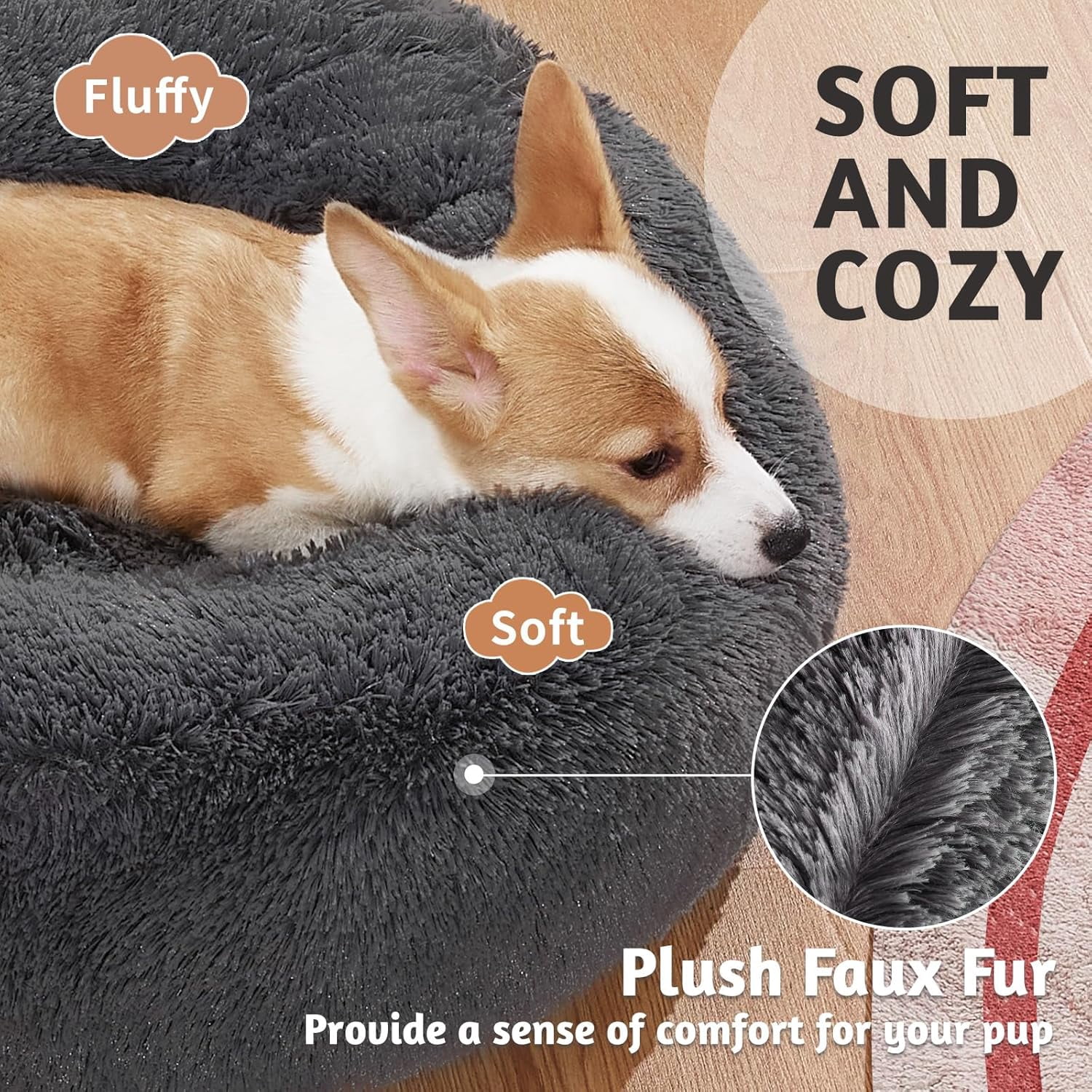 Calming Donut Dog Bed Pillow for Small Medium Pets, Machine Washable Removable Cover, Comfort Plush Fluffy Faux Fur with Anti-Slip Bottom, Cats-Friendly Round Cuddly Design, Gray, 23 inches