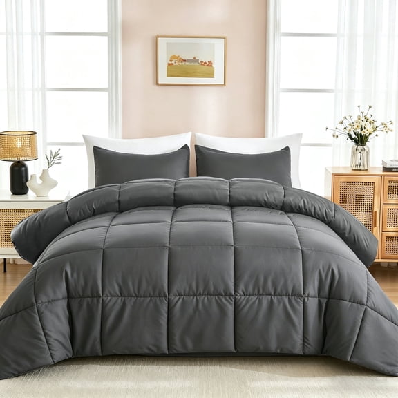 Mosluna Queen Size Comforter Sets, 3 Piece Soft Quilted Bedding Sets, All-Season Down Alternative Comforter with 2 Pillow Shams, Dark Gray