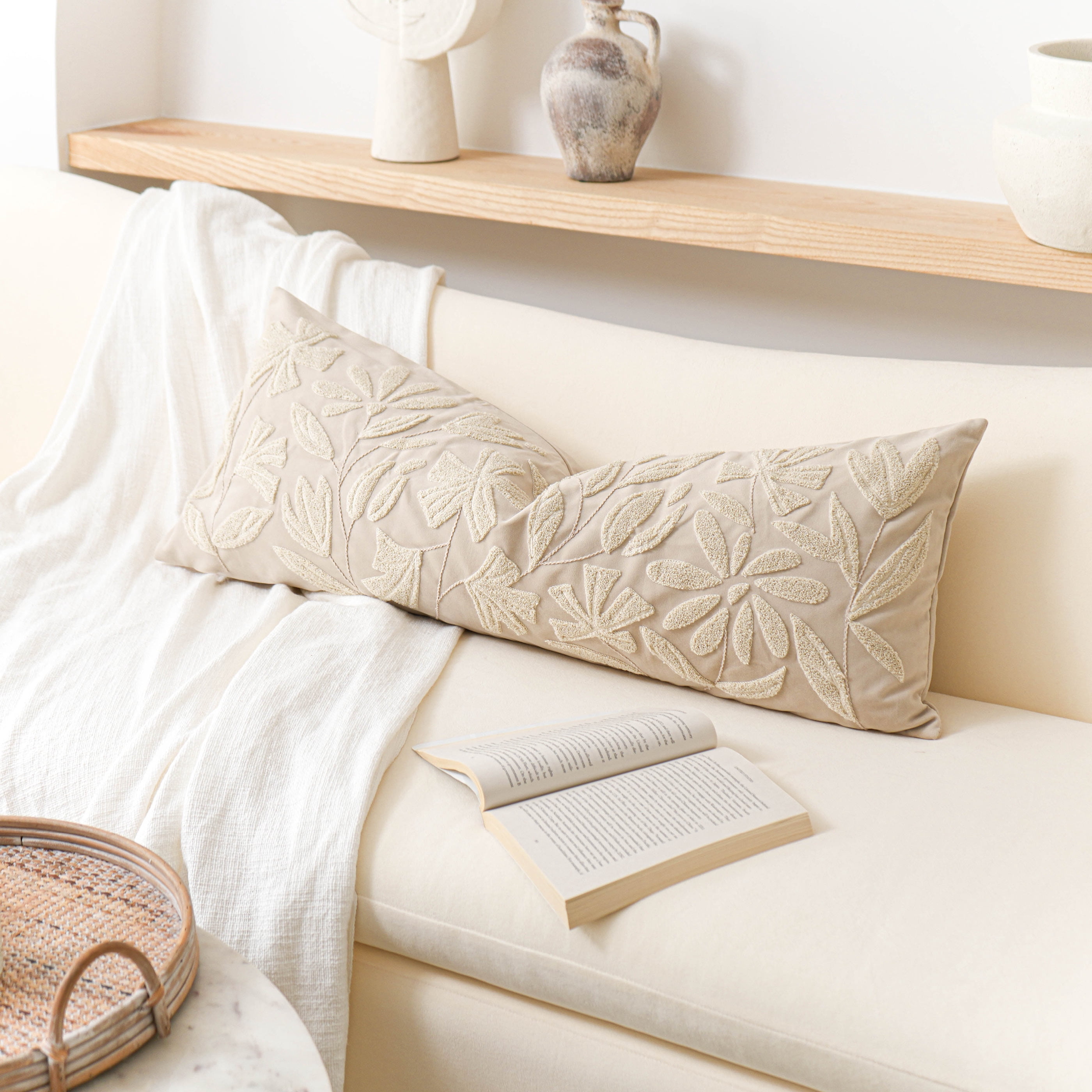 BlissBlush Light Beige Velvet Decorative Long Lumbar Pillow Cover 14x36, Neutral Floral Soft Body Pillow for Bed, Accent Lumbar Throw Pillow for Bedroom, Modern Farmhouse Textured Pillowcase
