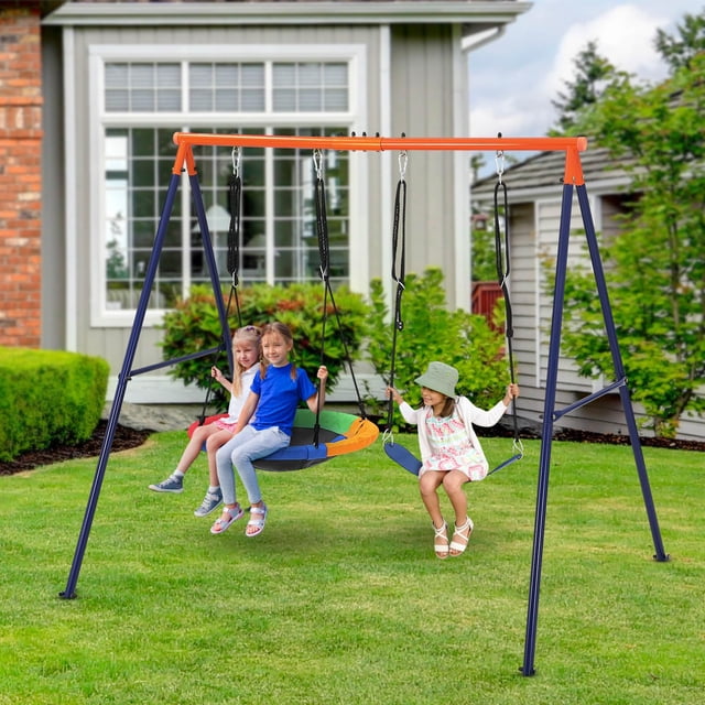 BeesClover Outdoor Swing Set with 440lbs Capacity, Round Saucer Swing On Heavy - Duty Metal A - Frame, Adjustable for Backyard and Park Use
