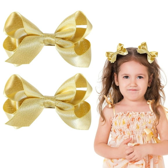 2 Pcs Glitter Gold Ribbon Hair Bows Clips Small Cute Alligator Hairpins 3" for Little Teen Toddler Baby Girls Kids Christmas New Year Gift Wedding Dress Decor Accessories