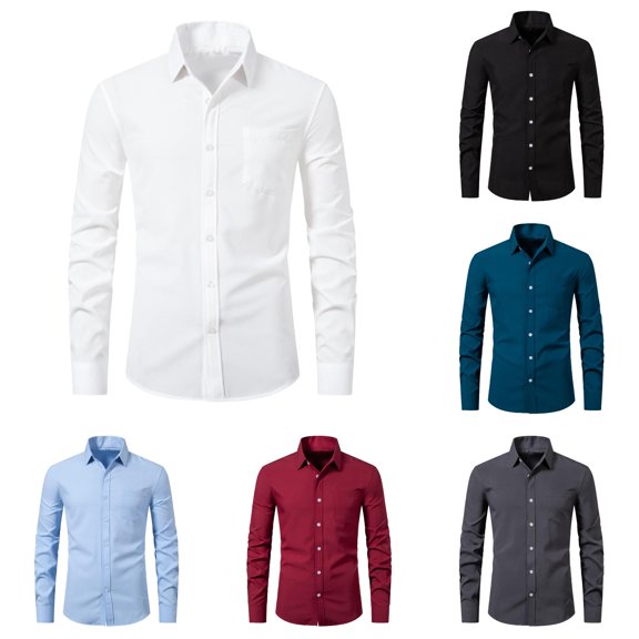XIAONU Men Solid Button Down Shirt Long Sleeve Pocket formal Dress Top