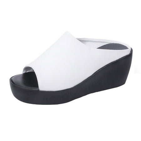 GYUJNB Platform Wedge Heel Sandals For Women Block High Heels Slip-On Slippers Open Round Toe Comfortable Fashion Summer Heeled Shoes White Size 6