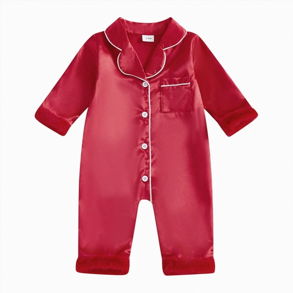 mgoYE Newborn Baby Girl Boy Silk Pajamas 3 6 12 18 24 Month Long Sleeve Button Satin Infant Pjs One Piece Jumpsuit Loungewear(Red,18-24 Months)