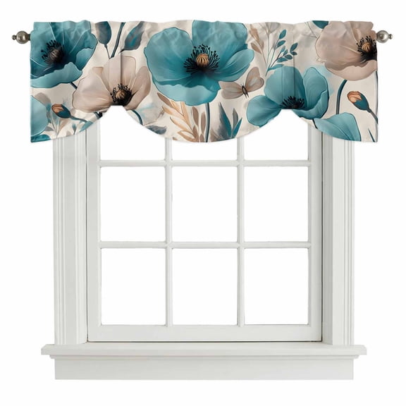 Tie Up Valance Teal Brown Floral Spring Valances for Windows Summer Botanical Butterfly Balloon Shade Valance Window Treatment Short Curtain Valances for Living Room Kitchen Bedroom Bathroom 42"x12"