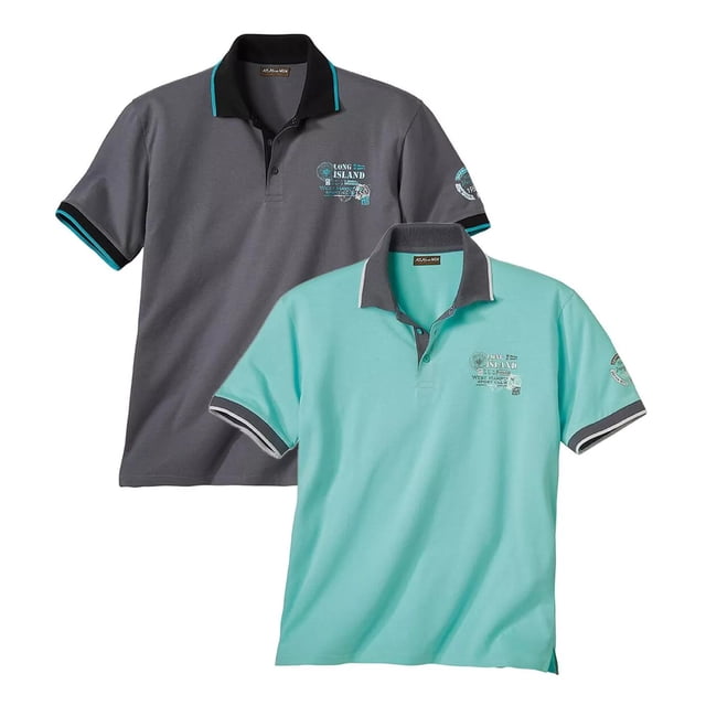 Atlas For Men - Polo de Jersey para Hombre - Pack de 2 (Gris, Turquesa)