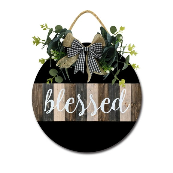 Blessed Sign for Front Door Decorations, Rustic Round Wood Holiday Sign, Front Door Wreath Burlap Wooden Hanging Signs for Outdoor Farmhouse Porch Home Christmas Holiday Decor