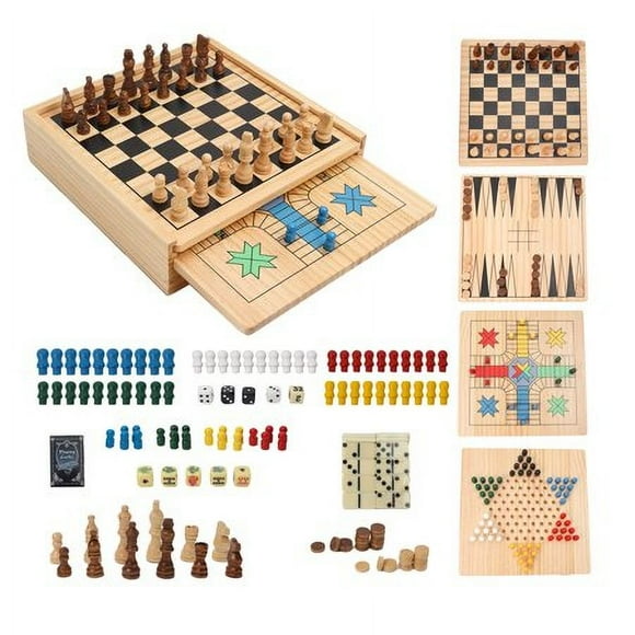 gSE Wooden 9-in-1 chess, checkers, Backgammon, Dominoes, cribbage Board, Tic-Tac-Toe, Ludo, Playing card & Poker Dice game combo Set (9-in-1 combo Set)