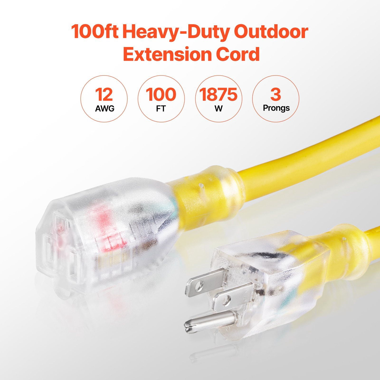 Heavy Duty 100FT Outdoor Extension Cord - 12AWG 15Amps 1875W, 3-Prong with Lighted Plug, Weather Resistant