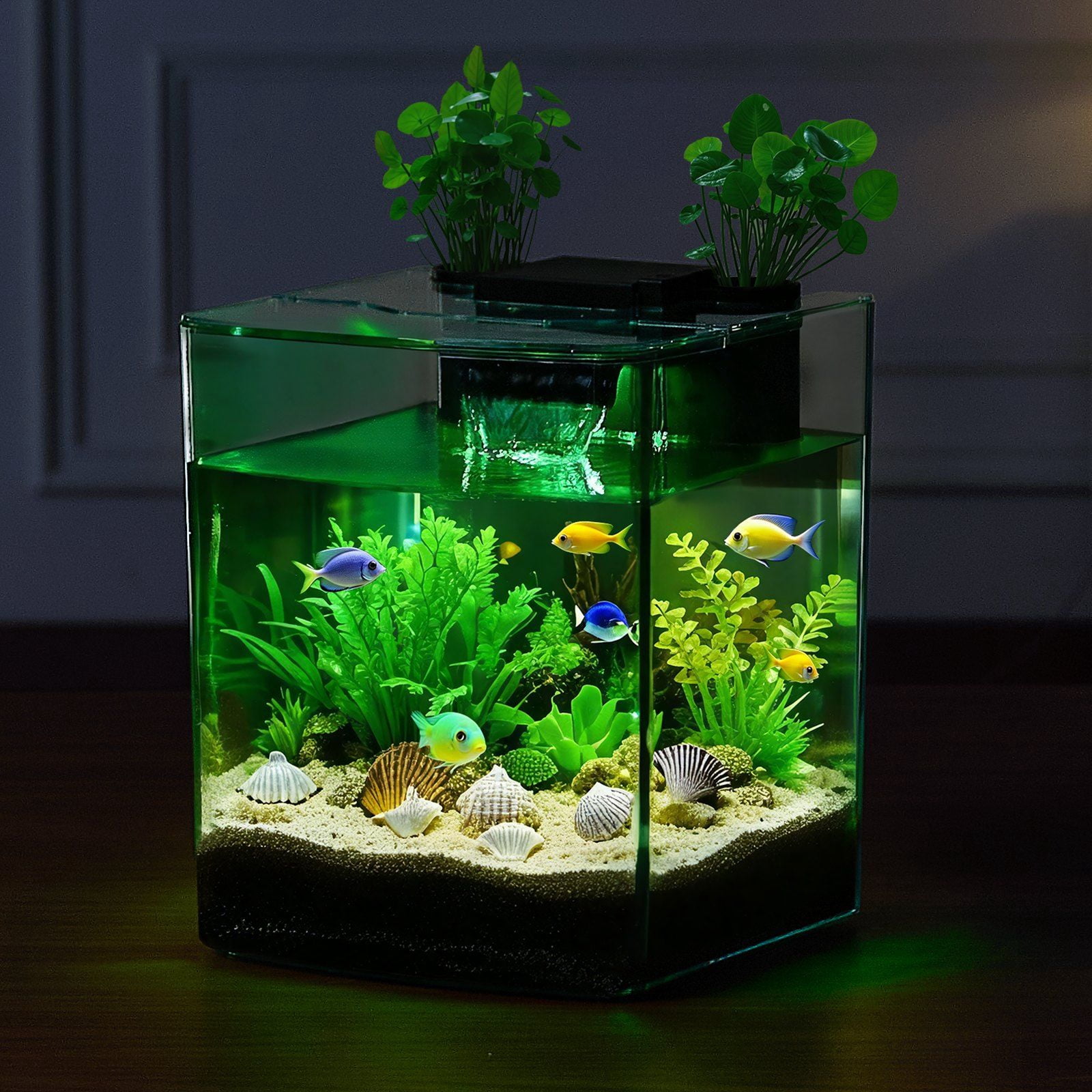 2 Gallon Fish Tank Aquarium Smart Arch Design with Clear GPPS Material, 3 Color LED Lighting, Self-Cleaning Function, Oxygenation and Water Circulation, Durable 3mm Thick Tank