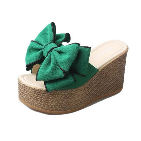 

Penkiiy Women s High Heeled Bow-Knot Platform Wedge Flip-Flops Beach Sandals Espadrille Slippers Summer Thong 39 Green