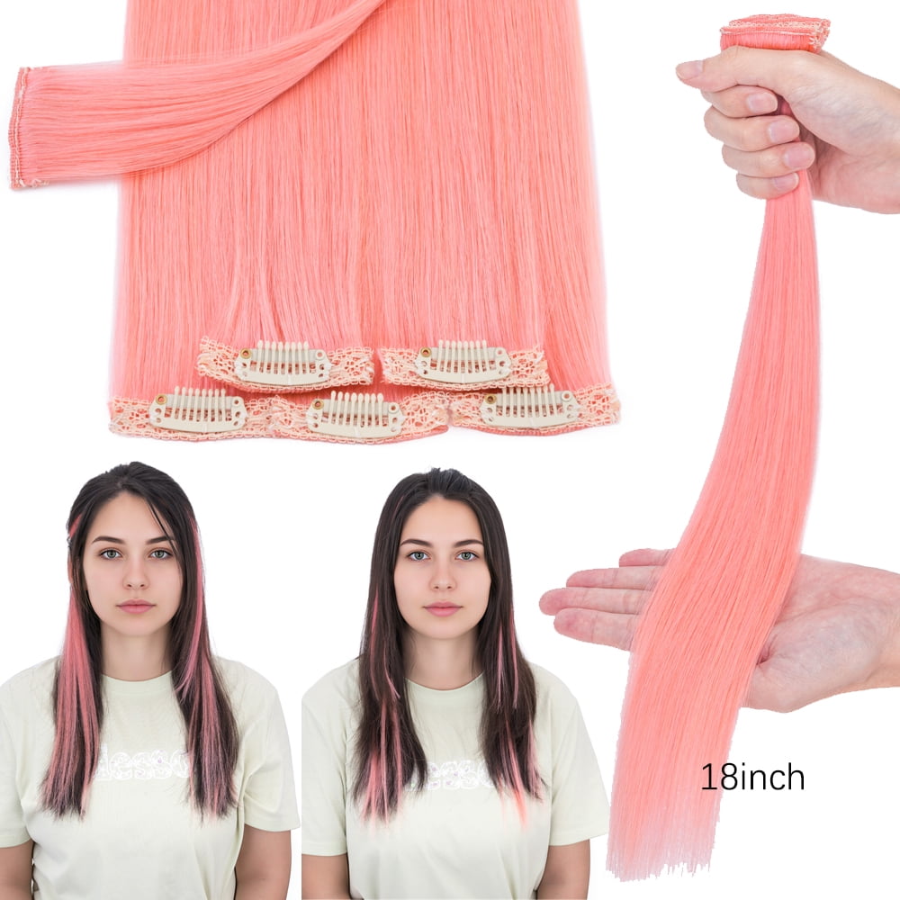 Benehair 6Pcs Pink Clip in Human Hair Extensions for Women, Straight Colored Hair Pieces with Secure Clips & Invisible Lace Weft, Real Human Hair Highlights for Daily Party Cosplay