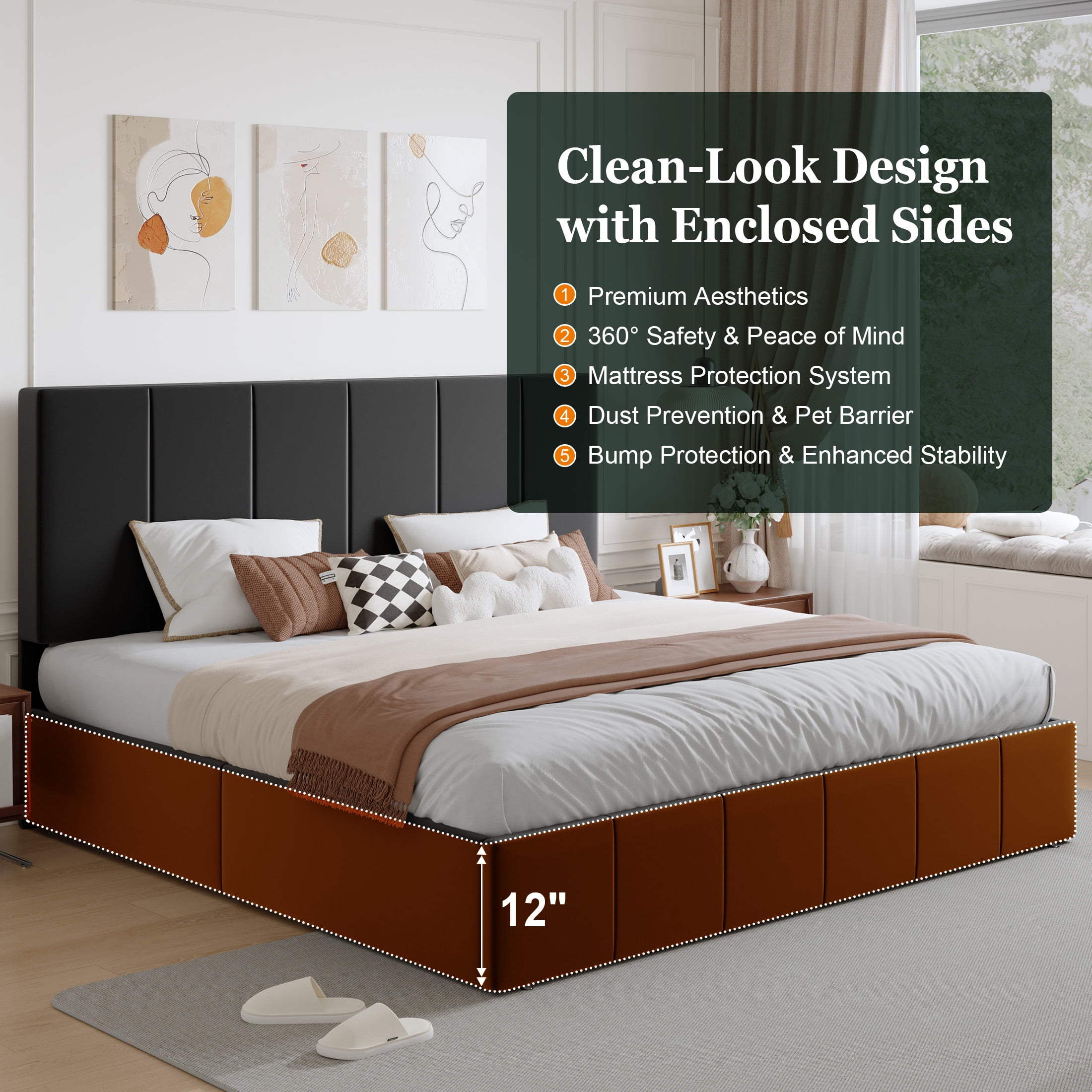 Amolife King Dutch Velvet Upholstered Platform Bed Frame with a Vertical-Channel-Tufted, Adjustable Headboard, Black