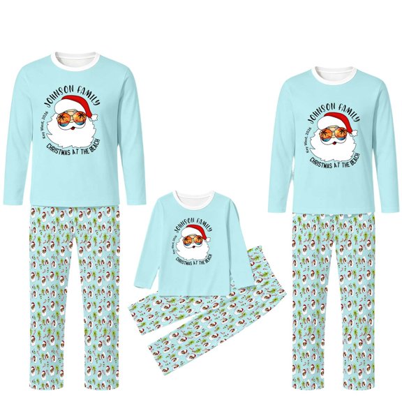Caixia Matching Family Christmas Pajamas, Beach Santa Print 2-Piece Top and Patterned Pants, Soft Polyester for Holiday Gatherings