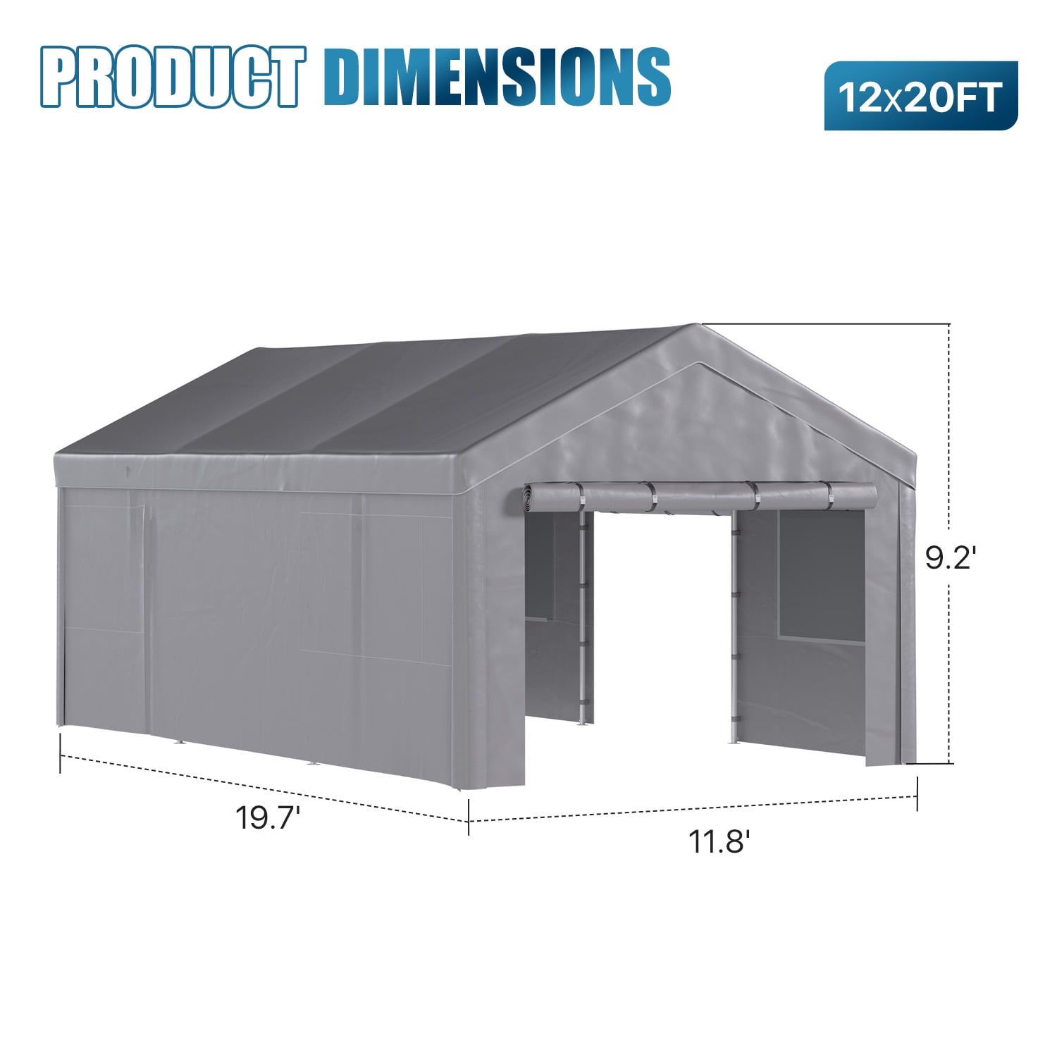 Dateyes  12x20ft Heavy Duty Carport Canopy, Portable Garage Car Canopy with Removable Sidewalls, Car Shelter for Cars, Boats, and Tools Storage, Gray