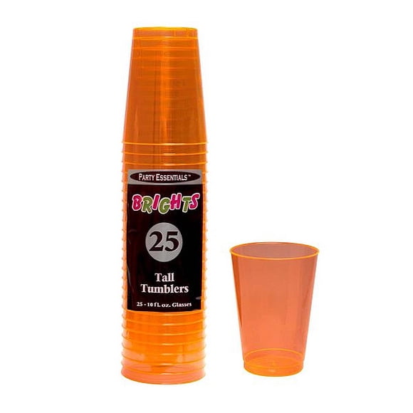Party Essentials Hard Plastic 10-Ounce Party Cups and Tall Tumblers, Neon Orange, 25-Count